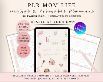 PLR Resell Mom Life Digital & Printable Planners, Commercial Use, Hyperlinked Pages, Canva Editable, Undated, Trackers, Goals, Lists