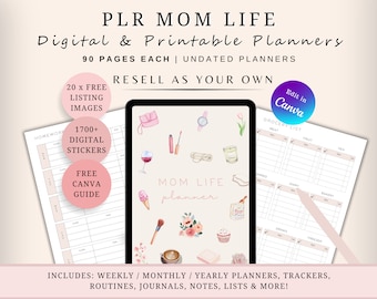 PLR Resell Mom Life Digital & Printable Planners, Commercial Use, Hyperlinked Pages, Canva Editable, Undated, Trackers, Goals, Lists