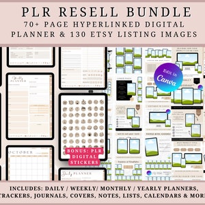 Pode incluir: Um pacote de planejadores digitais com mais de 70 páginas e 130 imagens de listagem do Etsy. O pacote inclui planejadores diários, semanais, mensais e anuais, rastreadores, diários, capas, notas, listas, calendários e muito mais. A imagem mostra uma variedade de páginas de planejadores, incluindo um planejador semanal, um calendário mensal e uma lista de adesivos. O texto "Edit in Canva" é visível na imagem.
