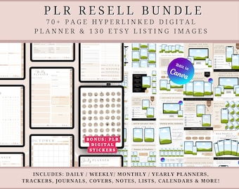 PLR Resell Digital Planner & 130 Etsy Listing Mockup Bundle, Canva Template, Hyperlinked Pages, Commercial Use, Digital Mockups, PLR bundle