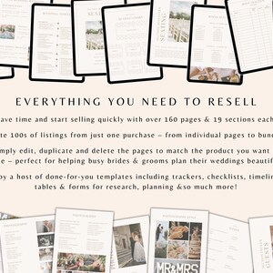 May include: A collection of digital printable wedding planning templates on a tablet screen. The templates include seating charts, guest lists, and photography style guides. The text "Everything You Need To Resell" is displayed on the screen.