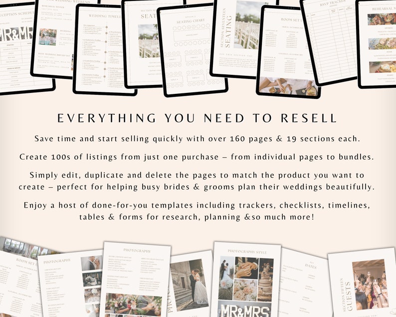 May include: A collection of digital printable wedding planning templates on a tablet screen. The templates include seating charts, guest lists, and photography style guides. The text "Everything You Need To Resell" is displayed on the screen.