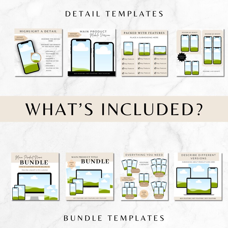 Puede incluir: Un conjunto de plantillas digitales para promocionar un paquete de productos. Las plantillas presentan un paisaje verde y azul con una nube blanca y una pantalla de tel&eacute;fono. Los textos "Main Product Name Bundle" y "Main Product Title Bundle" est&aacute;n incluidos en las plantillas.