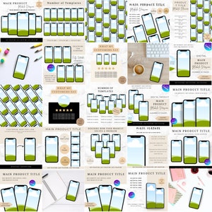 Puede incluir: Una colecci&oacute;n de plantillas de redes sociales para promocionar un producto digital. Las plantillas presentan un cielo azul con nubes blancas y hierba verde, y un tel&eacute;fono inteligente negro con una pantalla blanca. El texto en las plantillas incluye "T&iacute;tulo del producto principal", "N&uacute;mero de plantillas", "Lo que dicen mis clientes", "Describa c&oacute;mo su producto resuelve un problema" y "Caracter&iacute;stica principal".