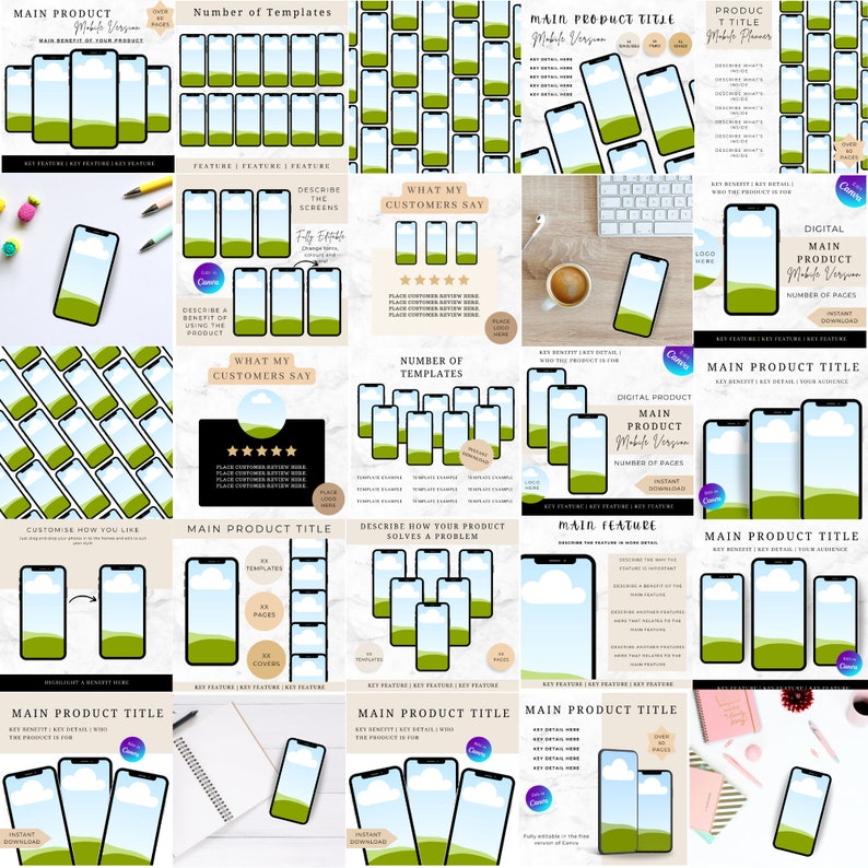 Puede incluir: Una colecci&oacute;n de plantillas de redes sociales para promocionar un producto digital. Las plantillas presentan un cielo azul con nubes blancas y hierba verde, y un tel&eacute;fono inteligente negro con una pantalla blanca. El texto en las plantillas incluye "T&iacute;tulo del producto principal", "N&uacute;mero de plantillas", "Lo que dicen mis clientes", "Describa c&oacute;mo su producto resuelve un problema" y "Caracter&iacute;stica principal".