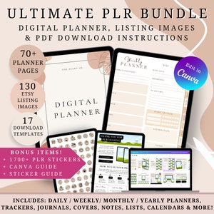 PLR Digital Product Bundle – PLR Digital Planner, 130 Etsy Listing Mockups & Digital Download Instructions Templates – Commercial Use