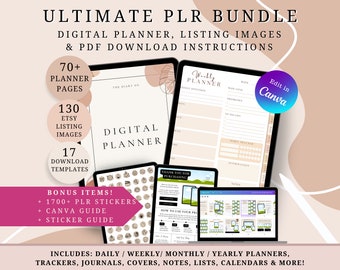 PLR Digital Product Bundle – PLR Digital Planner, 130 Etsy Listing Mockups & Digital Download Instructions Templates – Commercial Use