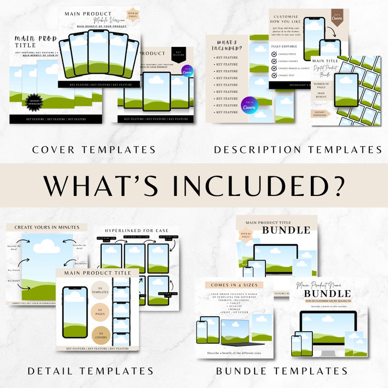 May include: A digital product mockup template bundle for Etsy sellers. The bundle includes cover, description, detail, and bundle templates. The templates feature a green and blue landscape design with a white cloud.
