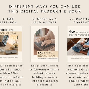 May include: A digital product e-book with three different cover designs. Each cover features a person using a laptop and the text "650 Digital Product Ideas". The first cover is labeled "For Research", the second cover is labeled "Offer as a Lead Magnet", and the third cover is labeled "Ideas for Content".