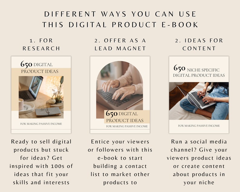 May include: A digital product e-book with three different cover designs. Each cover features a person using a laptop and the text "650 Digital Product Ideas". The first cover is labeled "For Research", the second cover is labeled "Offer as a Lead Magnet", and the third cover is labeled "Ideas for Content".