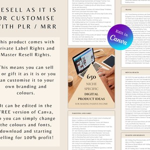 May include: A digital product mockup with the text "Resell as it is or customize with PLR/MRR" and "650 Niche Specific Digital Product Ideas for Making Passive Income". The image shows a laptop computer with a cup of coffee on a wooden table.