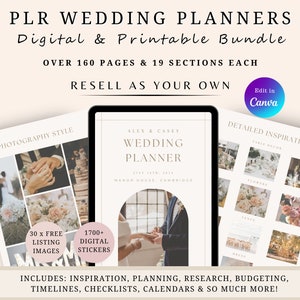 May include: A digital and printable wedding planner bundle with over 160 pages and 19 sections. The cover features a white background with the text "Alex & Casey Wedding Planner" and a photo of a couple holding hands. The bundle includes inspiration, planning, research, budgeting, timelines, checklists, calendars, and more.