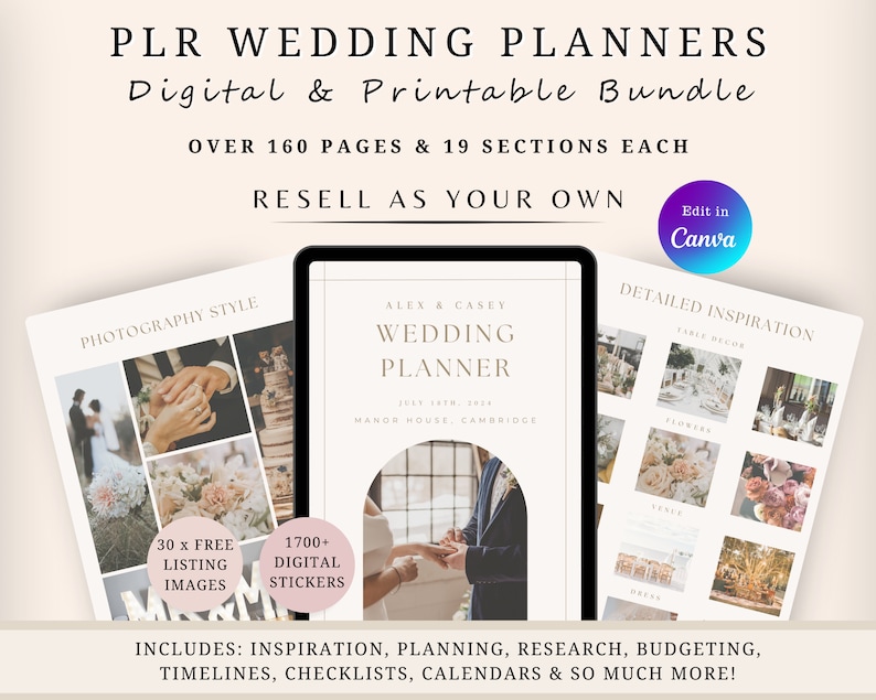 May include: A digital and printable wedding planner bundle with over 160 pages and 19 sections. The cover features a white background with the text "Alex & Casey Wedding Planner" and a photo of a couple holding hands. The bundle includes inspiration, planning, research, budgeting, timelines, checklists, calendars, and more.