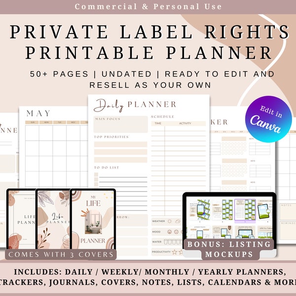 PLR Resell Printable Planner, Commercial Use, Canva Editable, Instant download, Customisable daily, weekly, monthly templates – Sell on Etsy