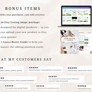 May include: A digital product listing image mockup set with 20 images, a guide on how to use Canva, and customer testimonials. The mockups are designed for digital products and can be used to upload new products to Etsy.