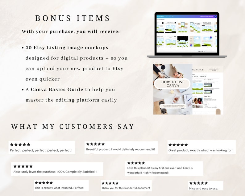 May include: A digital product listing image mockup set with 20 images, a guide on how to use Canva, and customer testimonials. The mockups are designed for digital products and can be used to upload new products to Etsy.