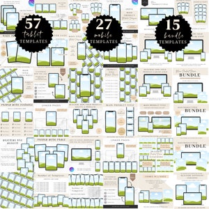 May include: A digital product mockup template bundle for social media marketing. The bundle includes 57 tablet templates, 27 mobile templates, and 15 bundle templates. The templates feature a green landscape with a white cloud and a blue sky. The templates are designed to be used in Canva and on your phone.