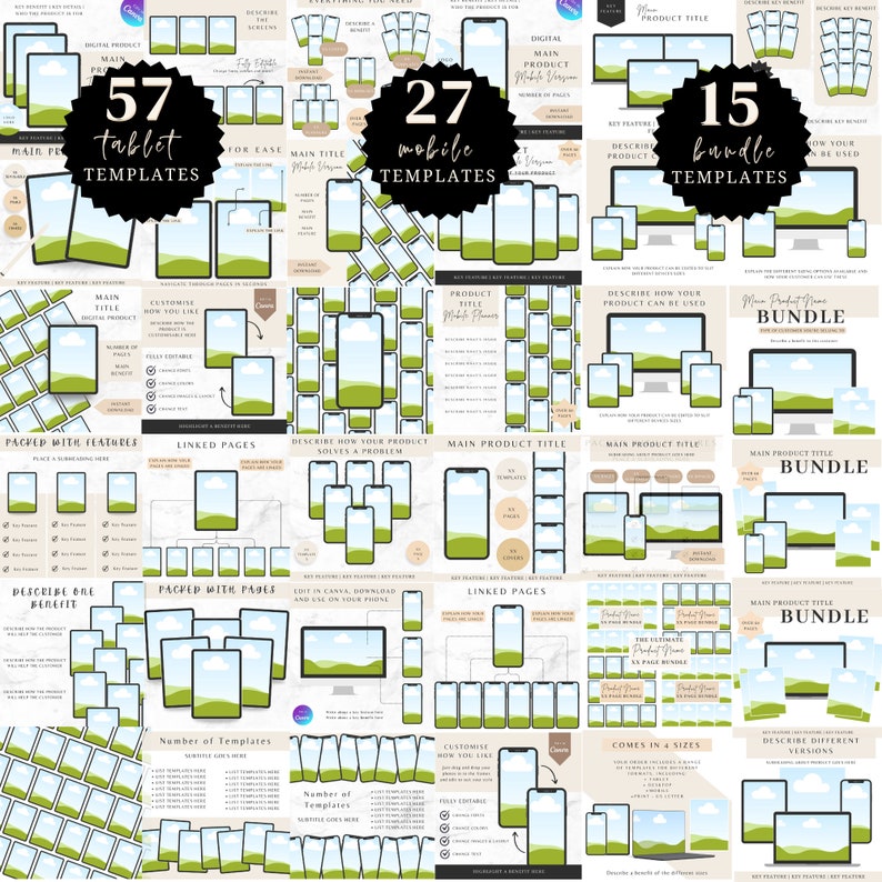 May include: A digital product mockup template bundle for social media marketing. The bundle includes 57 tablet templates, 27 mobile templates, and 15 bundle templates. The templates feature a green landscape with a white cloud and a blue sky. The templates are designed to be used in Canva and on your phone.
