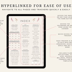 Pu&ograve; includere: Una pagina di indice di un planner digitale con un design floreale rosa. L'indice include sezioni per pagine annuali, calendari mensili, riflessioni mensili, fitness, benessere, bambini, famiglia, produttivit&agrave; e finanze. La pagina &egrave; ipercollegata per facilitare l'utilizzo.