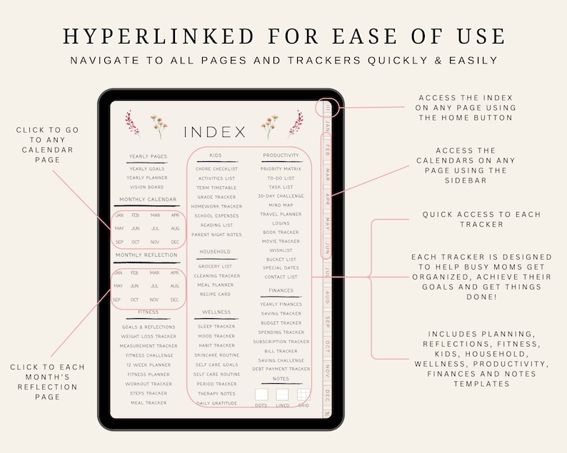 Pu&ograve; includere: Una pagina di indice di un planner digitale con un design floreale rosa. L'indice include sezioni per pagine annuali, calendari mensili, riflessioni mensili, fitness, benessere, bambini, famiglia, produttivit&agrave; e finanze. La pagina &egrave; ipercollegata per facilitare l'utilizzo.