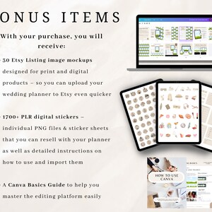 May include: A digital product bundle for wedding planners, including 30 Etsy listing image mockups, 1700+ digital stickers, and a Canva basics guide. The image shows a laptop, tablet, and a guide with the text "How to Use Canva".