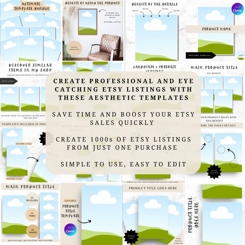 May include: A collage of Etsy shop listing templates featuring a blue sky, green hills, and white clouds. The text "Create Professional and Eye Catching Etsy Listings with These Aesthetic Templates" is displayed in a bold font. The text "Save Time and Boost Your Etsy Sales Quickly" is also displayed in a bold font. The text "Create 1000s of Etsy Listings from Just One Purchase" is displayed in a bold font. The text "Simple to Use, Easy to Edit" is displayed in a bold font.