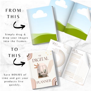 May include: A digital planner with a pink, brown, and white cover featuring a window with a plant and the text "My Digital Planner". The planner is open to a page with a habit tracker and a daily planner.