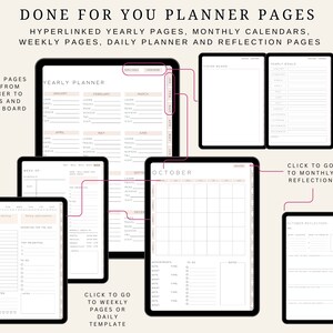 Pu&ograve; includere: Un planner digitale con pagine annuali ipertestuali, calendari mensili, pagine settimanali, planner giornaliero e pagine di riflessione. Il planner &egrave; progettato per aiutare gli utenti a organizzare i propri obiettivi, il proprio programma e monitorare i propri progressi.