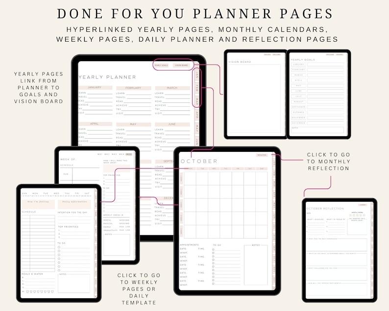 Pu&ograve; includere: Un planner digitale con pagine annuali ipertestuali, calendari mensili, pagine settimanali, planner giornaliero e pagine di riflessione. Il planner &egrave; progettato per aiutare gli utenti a organizzare i propri obiettivi, il proprio programma e monitorare i propri progressi.