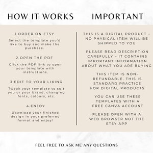 May include: How it works and important information about a digital product. The text explains that the product is a digital download and not a physical item. It also explains that the product is non-refundable and that it can be used with a free Canva account. The text also states that the product should be opened in a web browser and not the Etsy app.