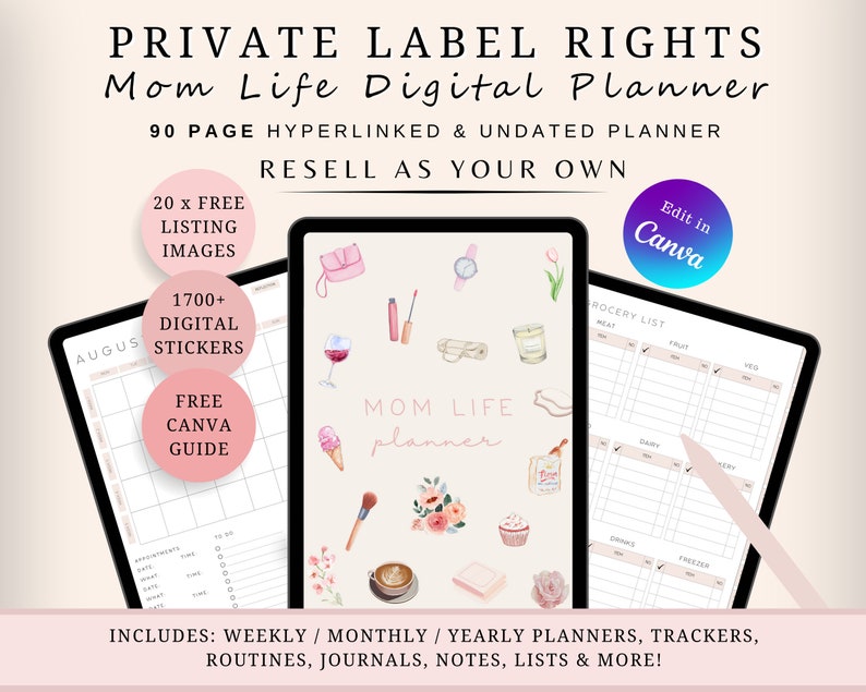 Pu&ograve; includere: Un planner digitale per le mamme con un design rosa e bianco. Il planner include 90 pagine, 20 immagini di elenco gratuite, oltre 1700 adesivi digitali e una guida gratuita di Canva. Il planner &egrave; ipercollegato e non &egrave; datato. Il testo "Mom Life Planner" &egrave; scritto in rosa e bianco su uno sfondo bianco. Il testo "RESELL AS YOUR OWN" &egrave; scritto in nero su uno sfondo bianco. Il testo "Edit in Canva" &egrave; scritto in blu e viola su uno sfondo bianco.
