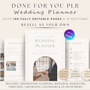 PLR Wedding Planner Printable Commercial Use Canva template. Includes research, budget, vendors, checklists & calendars. PDF resell rights.