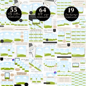 May include: A collage of digital product mockups featuring a landscape design with green hills, blue sky, and white clouds. The text "55 US Letter Templates", "64 All Size Templates", and "19 Landscape Templates" is visible in the image.