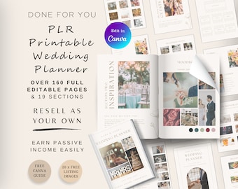 PLR Resell Printable Wedding Planner, Canva template with research, budget, checklists, & calendars. Instant download, minimalist design