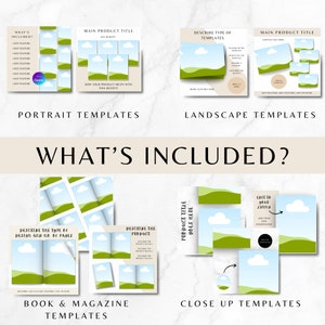 May include: A set of social media templates featuring a green and blue landscape design. The templates are for portrait, landscape, book and magazine, and close-up layouts. The text "What's Included?" is displayed at the top of the image.