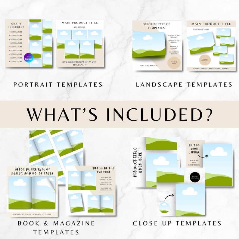 May include: A set of social media templates featuring a green and blue landscape design. The templates are for portrait, landscape, book and magazine, and close-up layouts. The text "What's Included?" is displayed at the top of the image.