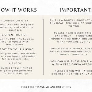 May include: A white background with black text explaining how to order, edit, and use a digital product. The text includes the words "Order on Etsy", "Open the PDF", "Edit to your liking", "Enjoy", "Important", "Digital Product", "Non-refundable", "Free Canva Account", and "Feel free to ask me any questions".
