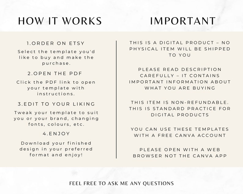 May include: A white background with black text explaining how to order, edit, and use a digital product. The text includes the words "Order on Etsy", "Open the PDF", "Edit to your liking", "Enjoy", "Important", "Digital Product", "Non-refundable", "Free Canva Account", and "Feel free to ask me any questions".