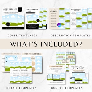 May include: A digital product mockup template bundle with a green and blue color scheme. The templates feature a landscape design with clouds and hills. The text "What's Included?" is displayed in a large font at the top of the image. The bundle includes cover, description, detail, and bundle templates.