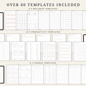Pu&ograve; includere: Un planner digitale con oltre 60 modelli, tra cui 9 modelli di benessere, 13 modelli di produttivit&agrave; e 8 modelli finanziari. I modelli sono organizzati in righe e colonne su uno sfondo bianco.