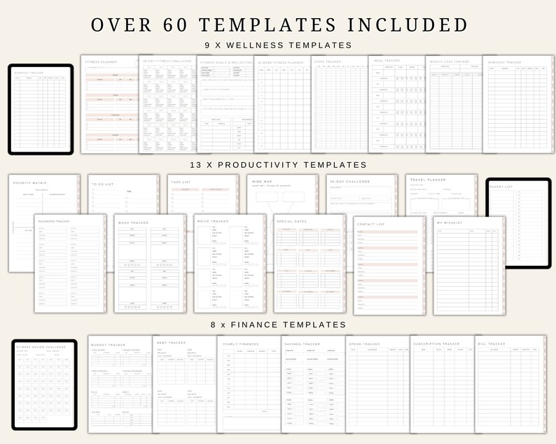 Pu&ograve; includere: Un planner digitale con oltre 60 modelli, tra cui 9 modelli di benessere, 13 modelli di produttivit&agrave; e 8 modelli finanziari. I modelli sono organizzati in righe e colonne su uno sfondo bianco.