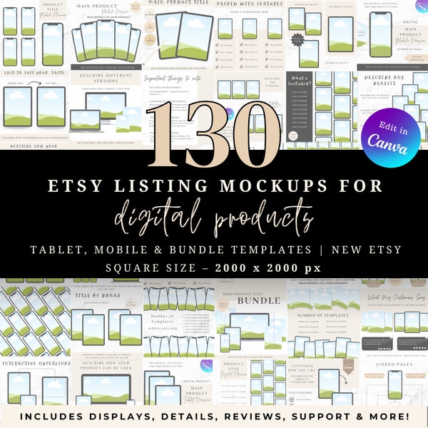 130 Etsy Listing Mockup Templates, Digital Product Mockups, Canva Listing Templates, Sell on Etsy, Planner mockups – tablet, mobile, bundles