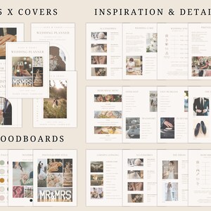 May include: A set of five wedding planner covers with different designs featuring a couple, wedding cake, and the words "Wedding Planner" and "Mr & Mrs". The covers are in a minimalist style with a beige background and gold accents.