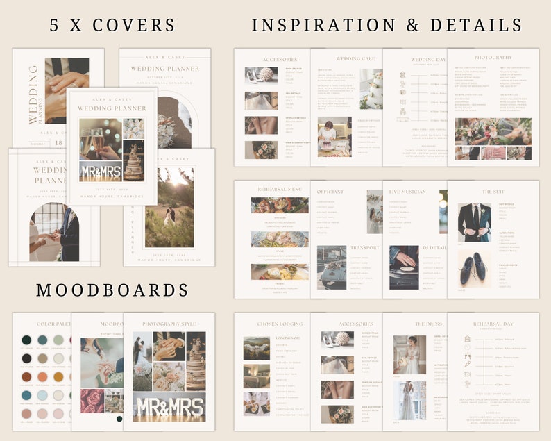 May include: A set of five wedding planner covers with different designs featuring a couple, wedding cake, and the words "Wedding Planner" and "Mr & Mrs". The covers are in a minimalist style with a beige background and gold accents.