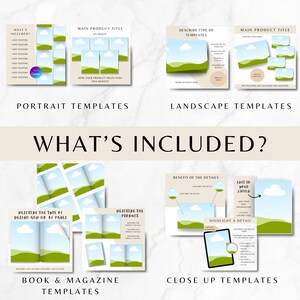 May include: A set of digital templates for social media marketing. The templates feature a green landscape with a blue sky and white clouds. The text "What's Included?" is displayed in a large font at the top of the image. The templates are designed for use with a variety of social media platforms, including Instagram, Facebook, and Pinterest.