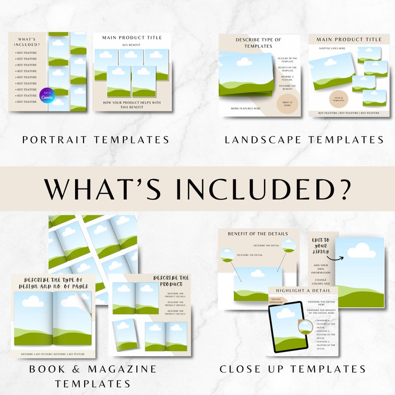 May include: A set of digital templates for social media marketing. The templates feature a green landscape with a blue sky and white clouds. The text "What's Included?" is displayed in a large font at the top of the image. The templates are designed for use with a variety of social media platforms, including Instagram, Facebook, and Pinterest.