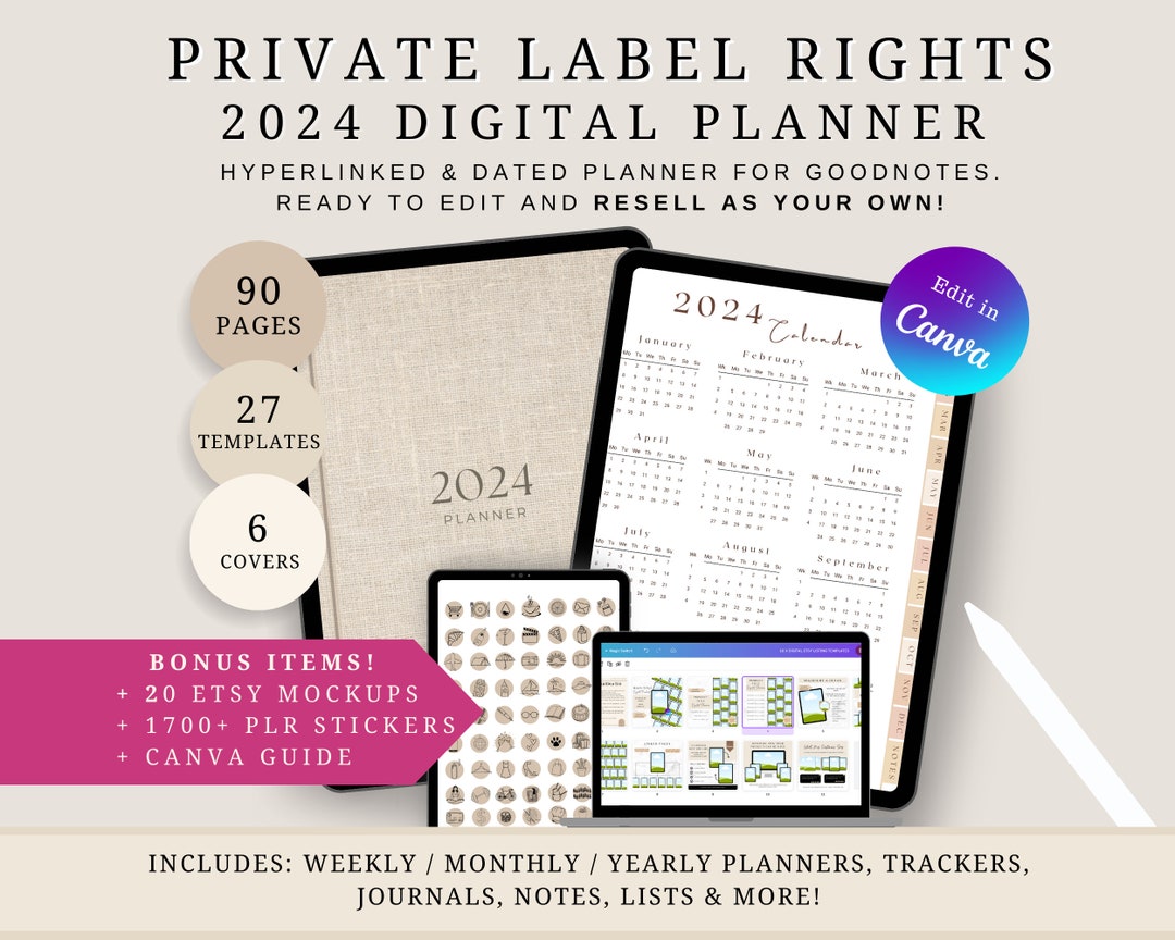 PLR Resell Digital Planner, 2024 Digital Planner, Canva Template
