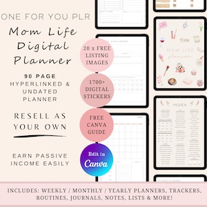 May include: A digital planner for mums with a pink and white colour scheme. The planner includes 90 pages, 1700+ digital stickers, 20 free listing images, and a free Canva guide. The text "Mom Life Digital Planner" is featured on the cover.