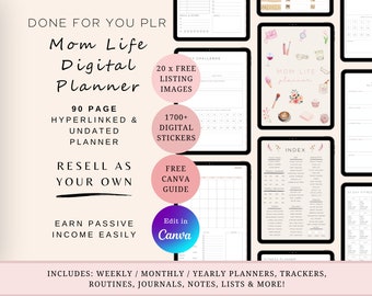 PLR Digital Mom Life Planner, Commercial Use Tablet iPad Planner, Undated, Hyperlinked, Canva Editable, Trackers, Templates, Lists & Notes
