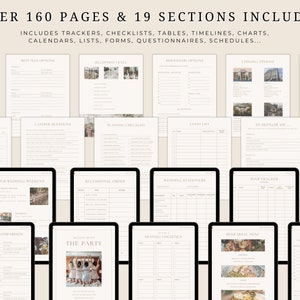 May include: A digital planner for wedding planning with over 160 pages and 19 sections. The planner includes checklists, tables, timelines, charts, calendars, lists, forms, questionnaires, and schedules.